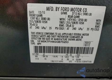 2016 Ford Explorer Limited from USA, damaged, VIN 1FM5K7FH9GGB75253